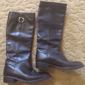 Salvatore Ferragamo Brown Leather Knee-High Riding Boots with Gold Tone Buckle